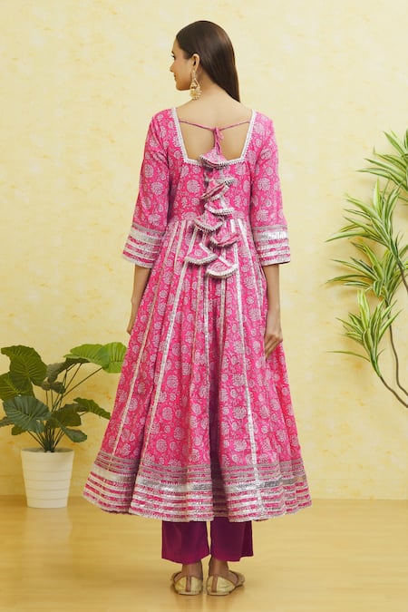 Shop Samyukta Singhania Pink Cotton, Organza Gota Patti Sweetheart Neck Embroidered Anarkali Pant Set at Aza Fashions Shop_Samyukta Singhania_Pink Cotton, Organza Gota Patti Sweetheart Neck Embroidered Anarkali Pant Set _at_Aza_Fashions
