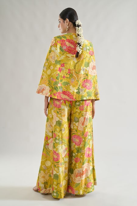 Shop Gopi Vaid Yellow Tussar, Chiffon Sequins, Embroidery, Mahek Floral Print Blazer And Pant Set at Aza Fashions Shop_Gopi Vaid_Yellow Tussar, Chiffon Sequins, Embroidery, Mahek Floral Print Blazer And Pant Set _at_Aza_Fashions