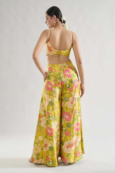 Buy Gopi Vaid Yellow Tussar, Chiffon Sequins, Embroidery, Mahek Floral Print Blazer And Pant Set Buy_Gopi Vaid_Yellow Tussar, Chiffon Sequins, Embroidery, Mahek Floral Print Blazer And Pant Set