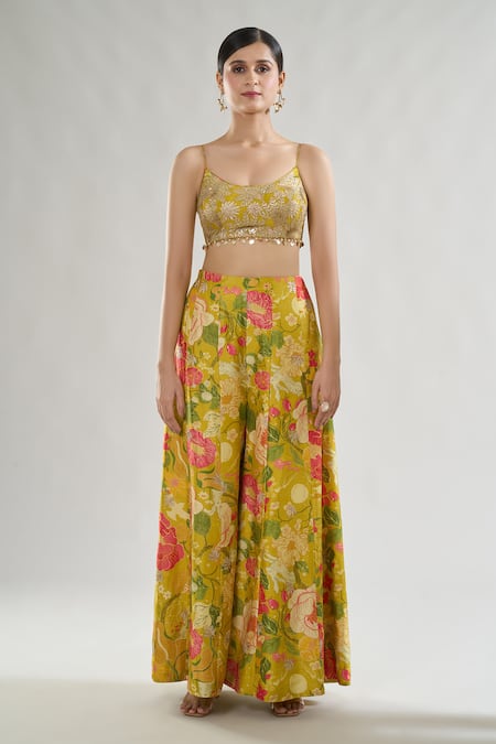 Shop Gopi Vaid Yellow Tussar, Chiffon Sequins, Embroidery, Mahek Floral Print Blazer And Pant Set Online at Aza Fashions Shop_Gopi Vaid_Yellow Tussar, Chiffon Sequins, Embroidery, Mahek Floral Print Blazer And Pant Set _Online_at_Aza_Fashions