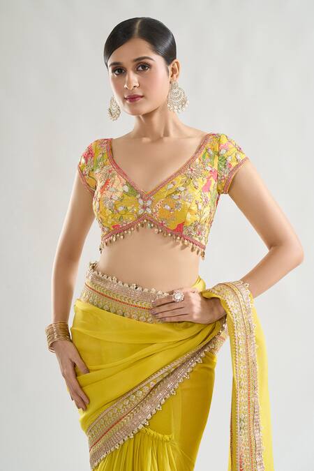 Buy Gopi Vaid Yellow Chiffon, Tussar Sequins, Gota Patti, Kanika Border Saree With Blouse Buy_Gopi Vaid_Yellow Chiffon, Tussar Sequins, Gota Patti, Kanika Border Saree With Blouse