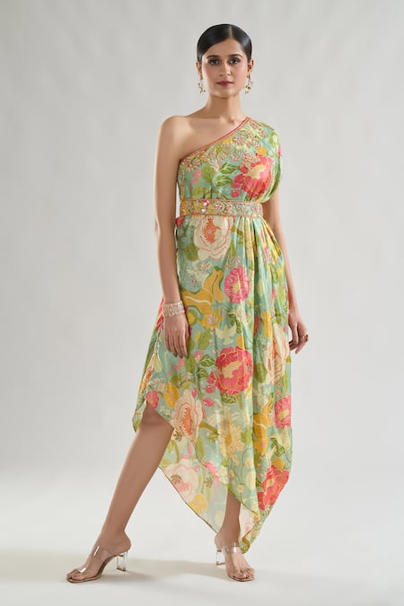 Gopi Vaid Green Satin Print Floral Asymmetric Neck Eli Summer Dress With Belt 