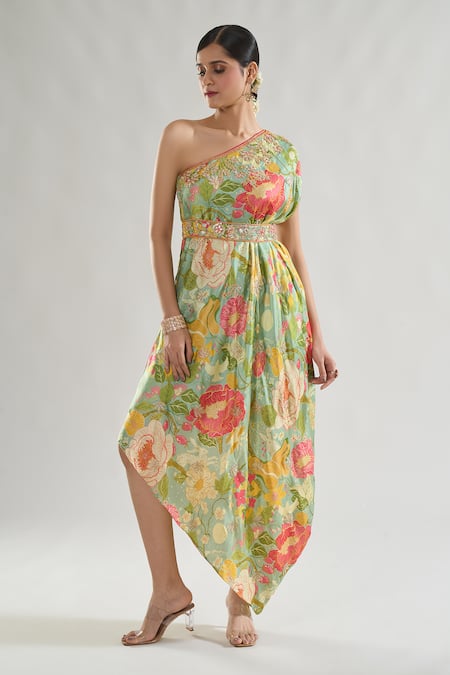 Gopi Vaid Green Satin Gota Patti, Sequins, Eli Summer Floral Print Dress With Belt Online at Aza Fashions Gopi Vaid_Green Satin Gota Patti, Sequins, Eli Summer Floral Print Dress With Belt _Online_at_Aza_Fashions