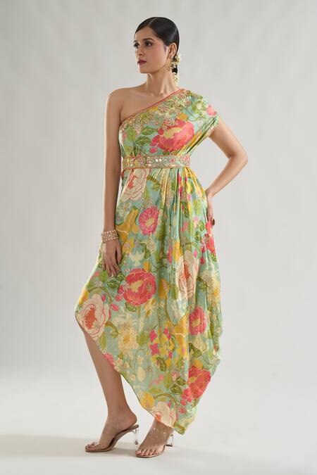 Buy Gopi Vaid Green Satin Gota Patti, Sequins, Eli Summer Floral Print Dress With Belt Online at Aza Fashions Buy_Gopi Vaid_Green Satin Gota Patti, Sequins, Eli Summer Floral Print Dress With Belt _Online_at_Aza_Fashions