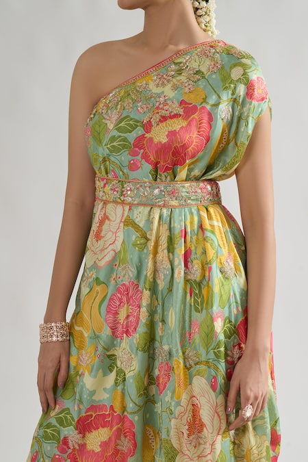 Shop Gopi Vaid Green Satin Gota Patti, Sequins, Eli Summer Floral Print Dress With Belt Online at Aza Fashions Shop_Gopi Vaid_Green Satin Gota Patti, Sequins, Eli Summer Floral Print Dress With Belt _Online_at_Aza_Fashions