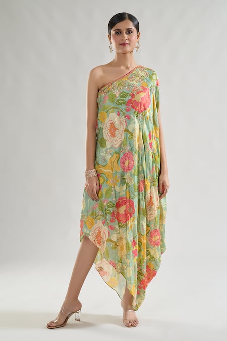 Gopi Vaid Green Satin Gota Patti, Sequins, Eli Summer Floral Print Dress With Belt at Aza Fashions Gopi Vaid_Green Satin Gota Patti, Sequins, Eli Summer Floral Print Dress With Belt _at_Aza_Fashions