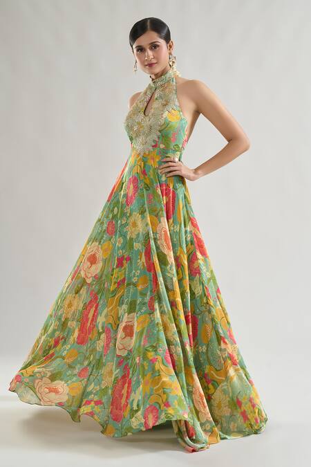 Gopi Vaid_Green Satin Print Floral Halter Neck Luna Summer Gown _Online_at_Aza_Fashions