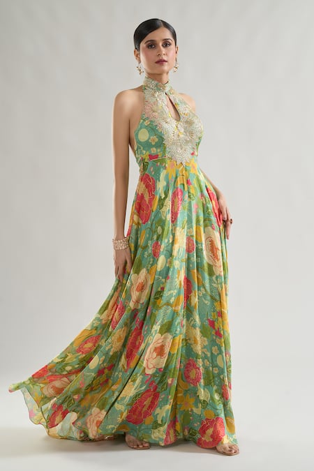 Shop_Gopi Vaid_Green Satin Print Floral Halter Neck Luna Summer Gown _Online_at_Aza_Fashions