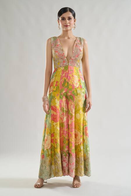 Gopi Vaid Multi Color Chiffon Sequins, Gota Patti, Embroidery Plunge Ekya Bodice Jumpsuit Online at Aza Fashions Gopi Vaid_Multi Color Chiffon Sequins, Gota Patti, Embroidery Plunge Ekya Bodice Jumpsuit _Online_at_Aza_Fashions