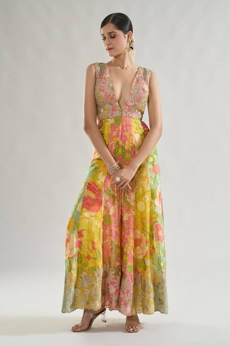 Buy Gopi Vaid Multi Color Chiffon Sequins, Gota Patti, Embroidery Plunge Ekya Bodice Jumpsuit Online at Aza Fashions Buy_Gopi Vaid_Multi Color Chiffon Sequins, Gota Patti, Embroidery Plunge Ekya Bodice Jumpsuit _Online_at_Aza_Fashions