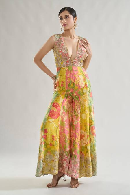 Shop Gopi Vaid Multi Color Chiffon Sequins, Gota Patti, Embroidery Plunge Ekya Bodice Jumpsuit Online at Aza Fashions Shop_Gopi Vaid_Multi Color Chiffon Sequins, Gota Patti, Embroidery Plunge Ekya Bodice Jumpsuit _Online_at_Aza_Fashions