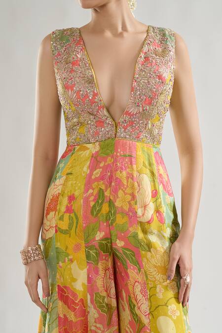 Gopi Vaid Multi Color Chiffon Sequins, Gota Patti, Embroidery Plunge Ekya Bodice Jumpsuit at Aza Fashions Gopi Vaid_Multi Color Chiffon Sequins, Gota Patti, Embroidery Plunge Ekya Bodice Jumpsuit _at_Aza_Fashions