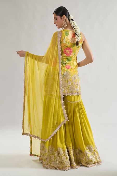Shop_Gopi Vaid_Yellow Chiffon Pearls, Sequins, Gota Patti Kalki Bloom Print Kurta Sharara Set _at_Aza_Fashions