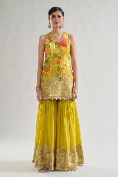 Gopi Vaid_Yellow Chiffon Pearls, Sequins, Gota Patti Kalki Bloom Print Kurta Sharara Set _Online_at_Aza_Fashions