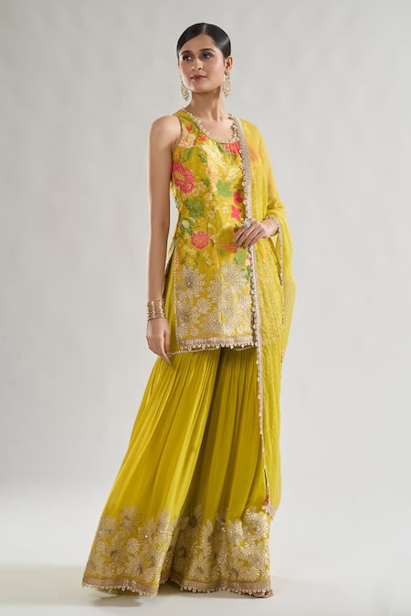 Buy_Gopi Vaid_Yellow Chiffon Pearls, Sequins, Gota Patti Kalki Bloom Print Kurta Sharara Set _Online_at_Aza_Fashions