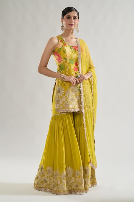 Shop_Gopi Vaid_Yellow Chiffon Pearls, Sequins, Gota Patti Kalki Bloom Print Kurta Sharara Set _Online_at_Aza_Fashions