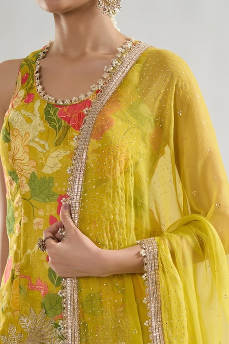 Gopi Vaid_Yellow Chiffon Pearls, Sequins, Gota Patti Kalki Bloom Print Kurta Sharara Set _at_Aza_Fashions
