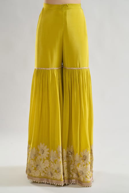 Buy_Gopi Vaid_Yellow Chiffon Pearls, Sequins, Gota Patti Kalki Bloom Print Kurta Sharara Set 