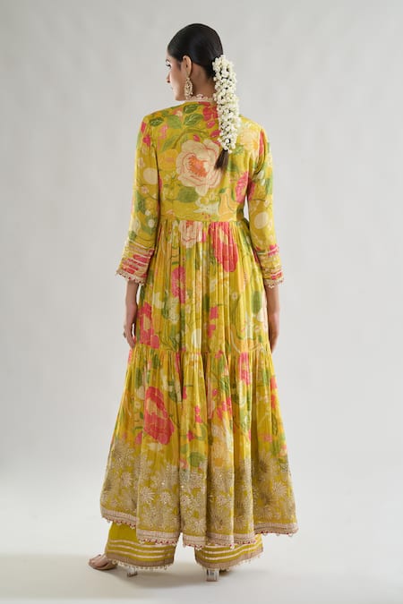 Shop_Gopi Vaid_Yellow Chiffon, Net, Linen, Satin Embroidery, Huma Bodice Anarkali Palazzo Set _at_Aza_Fashions