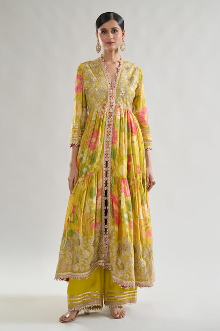 Gopi Vaid_Yellow Chiffon, Net, Linen, Satin Embroidery, Huma Bodice Anarkali Palazzo Set _Online_at_Aza_Fashions