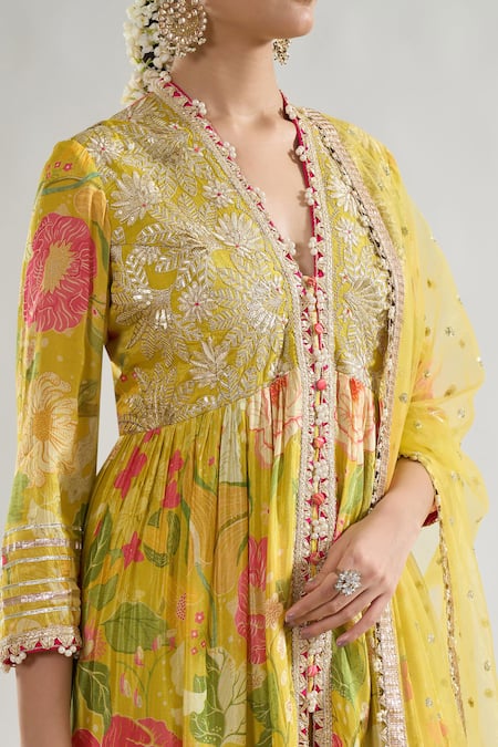 Gopi Vaid_Yellow Chiffon, Net, Linen, Satin Embroidery, Huma Bodice Anarkali Palazzo Set _at_Aza_Fashions