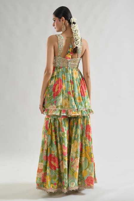 Shop Gopi Vaid Green Chiffon, Satin Embroidery, Sequins, Malishika Bodice Kurta Sharara Set at Aza Fashions Shop_Gopi Vaid_Green Chiffon, Satin Embroidery, Sequins, Malishika Bodice Kurta Sharara Set _at_Aza_Fashions