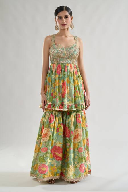 Gopi Vaid Green Chiffon, Satin Embroidery, Sequins, Malishika Bodice Kurta Sharara Set Online at Aza Fashions Gopi Vaid_Green Chiffon, Satin Embroidery, Sequins, Malishika Bodice Kurta Sharara Set _Online_at_Aza_Fashions