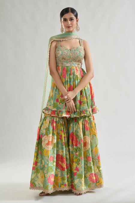 Buy Gopi Vaid Green Chiffon, Satin Embroidery, Sequins, Malishika Bodice Kurta Sharara Set Online at Aza Fashions Buy_Gopi Vaid_Green Chiffon, Satin Embroidery, Sequins, Malishika Bodice Kurta Sharara Set _Online_at_Aza_Fashions