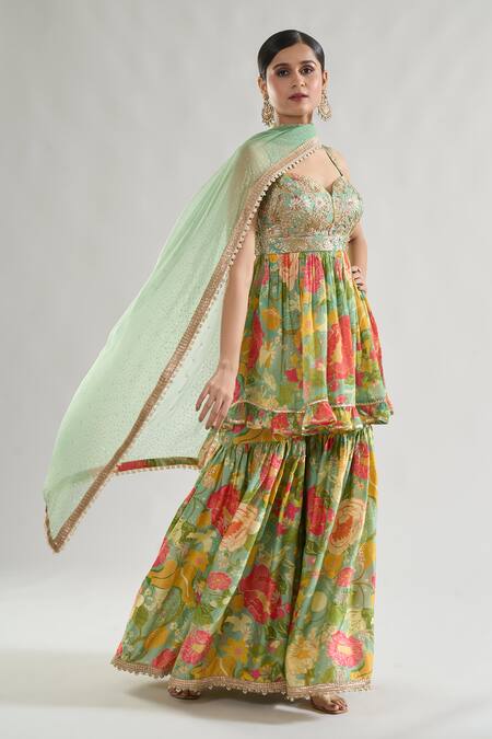 Shop Gopi Vaid Green Chiffon, Satin Embroidery, Sequins, Malishika Bodice Kurta Sharara Set Online at Aza Fashions Shop_Gopi Vaid_Green Chiffon, Satin Embroidery, Sequins, Malishika Bodice Kurta Sharara Set _Online_at_Aza_Fashions