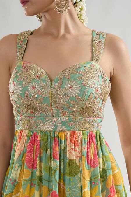 Gopi Vaid Green Chiffon, Satin Embroidery, Sequins, Malishika Bodice Kurta Sharara Set at Aza Fashions Gopi Vaid_Green Chiffon, Satin Embroidery, Sequins, Malishika Bodice Kurta Sharara Set _at_Aza_Fashions