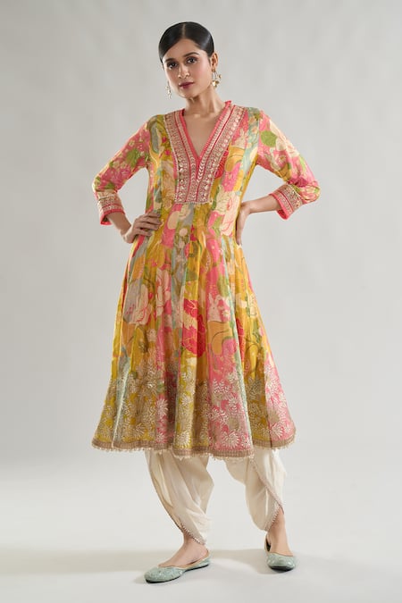 Gopi Vaid Multi Color Anarkali Chiffon Print Floral V Nasreen Bloom With Dhoti Pant 