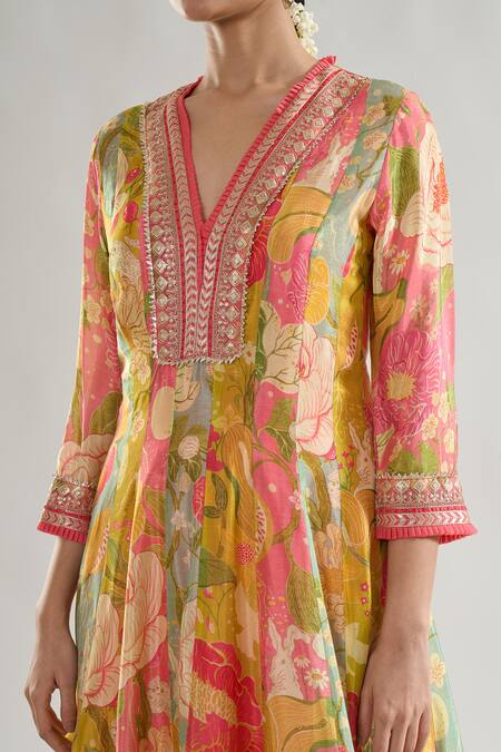 Shop_Gopi Vaid_Multi Color Chiffon, Cotton Nasreen Floral Bloom Print Anarkali With Dhoti Pant _Online_at_Aza_Fashions