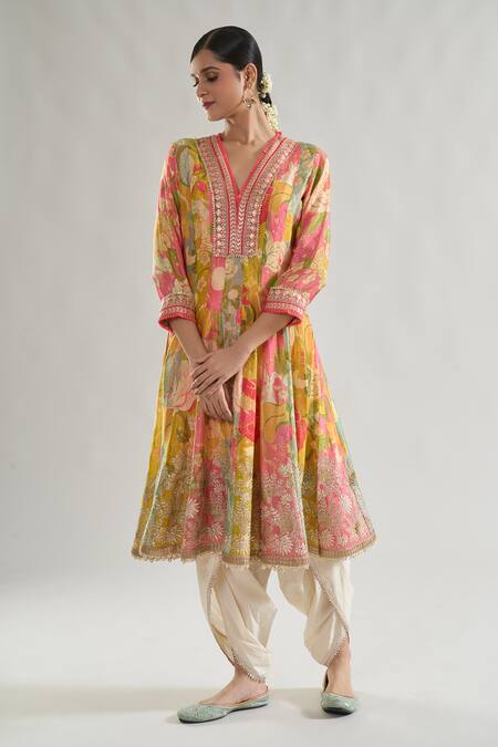 Buy_Gopi Vaid_Multi Color Chiffon, Cotton Nasreen Floral Bloom Print Anarkali With Dhoti Pant 