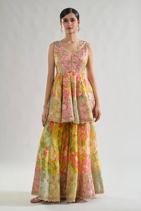 Gopi Vaid_Multi Color Chiffon Embroidery, Gota Jaanvi Floral Print Kurta Sharara Set _Online_at_Aza_Fashions