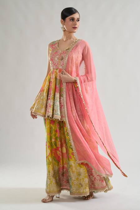 Buy_Gopi Vaid_Multi Color Chiffon Embroidery, Gota Jaanvi Floral Print Kurta Sharara Set _Online_at_Aza_Fashions