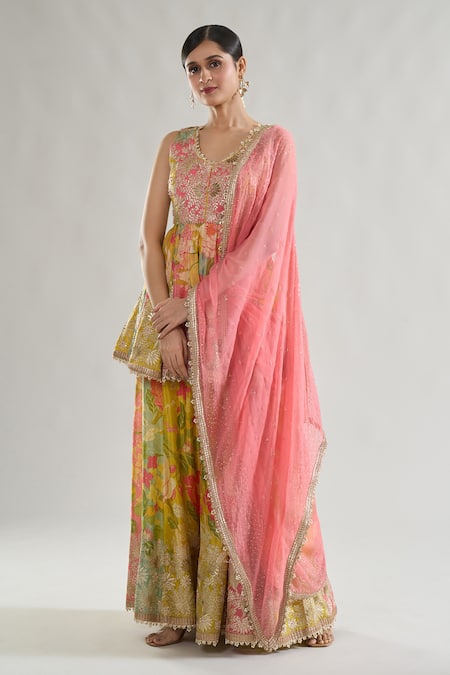 Shop_Gopi Vaid_Multi Color Chiffon Embroidery, Gota Jaanvi Floral Print Kurta Sharara Set _Online_at_Aza_Fashions