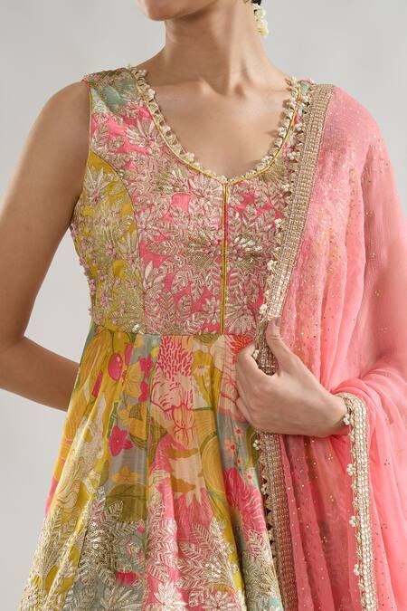 Gopi Vaid_Multi Color Chiffon Embroidery, Gota Jaanvi Floral Print Kurta Sharara Set _at_Aza_Fashions