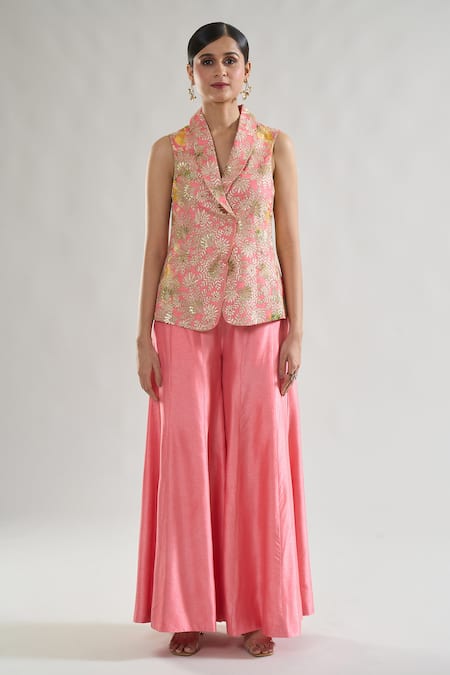 Gopi Vaid_Pink Organza, Satin, Tussar Gota Patti, Pakhi Embroidered Jacket With Pant _Online_at_Aza_Fashions