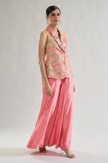 Shop_Gopi Vaid_Pink Organza, Satin, Tussar Gota Patti, Pakhi Embroidered Jacket With Pant _Online_at_Aza_Fashions