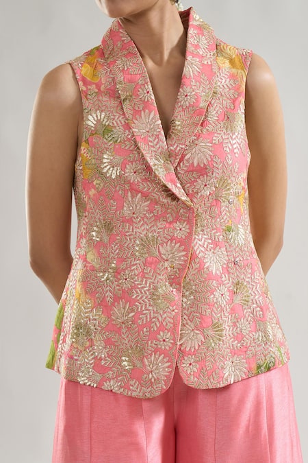 Gopi Vaid_Pink Organza, Satin, Tussar Gota Patti, Pakhi Embroidered Jacket With Pant _at_Aza_Fashions