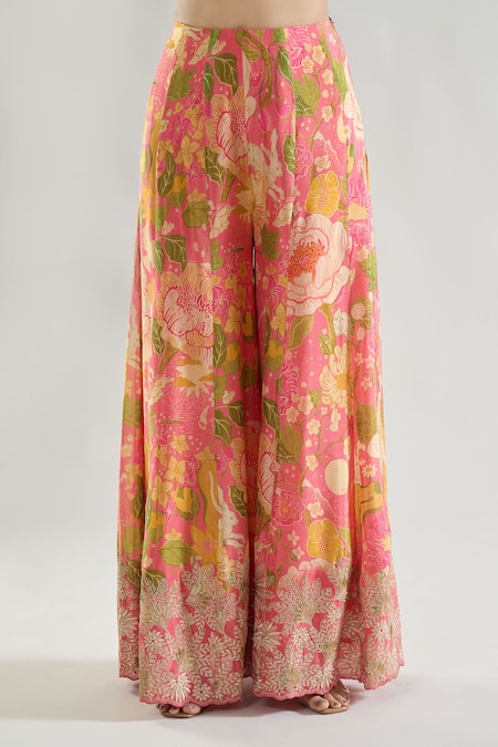 Buy Gopi Vaid Pink Chiffon Zari, Sequins Square Neck Floral Print Cape Flared Pant Set Buy_Gopi Vaid_Pink Chiffon Zari, Sequins Square Neck Floral Print Cape Flared Pant Set
