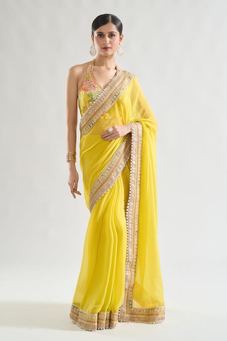 Gopi Vaid_Yellow Chiffon, Tussar Sequins, Gota Keya Embroidered Border Saree With Blouse _Online_at_Aza_Fashions