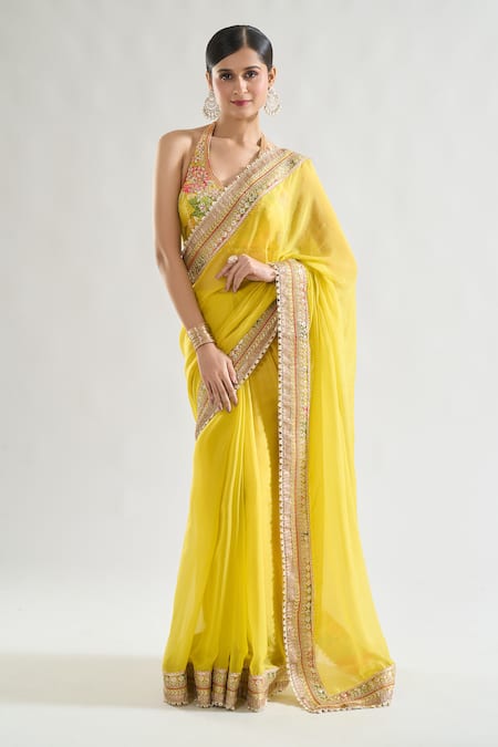 Buy_Gopi Vaid_Yellow Chiffon, Tussar Sequins, Gota Keya Embroidered Border Saree With Blouse _Online_at_Aza_Fashions