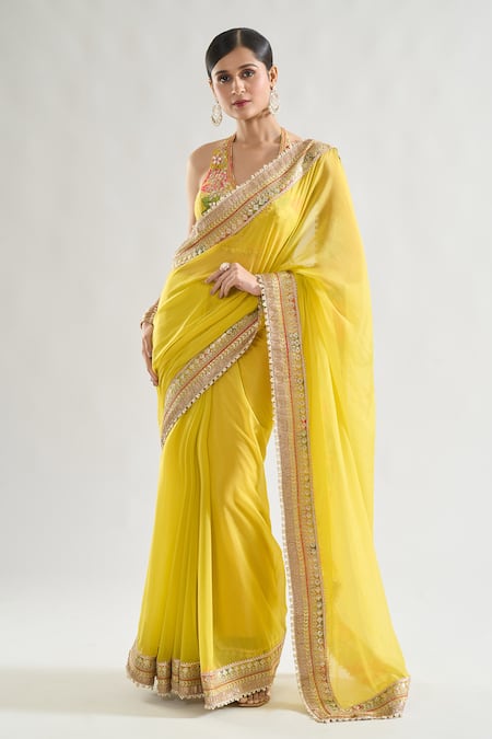 Shop_Gopi Vaid_Yellow Chiffon, Tussar Sequins, Gota Keya Embroidered Border Saree With Blouse _Online_at_Aza_Fashions