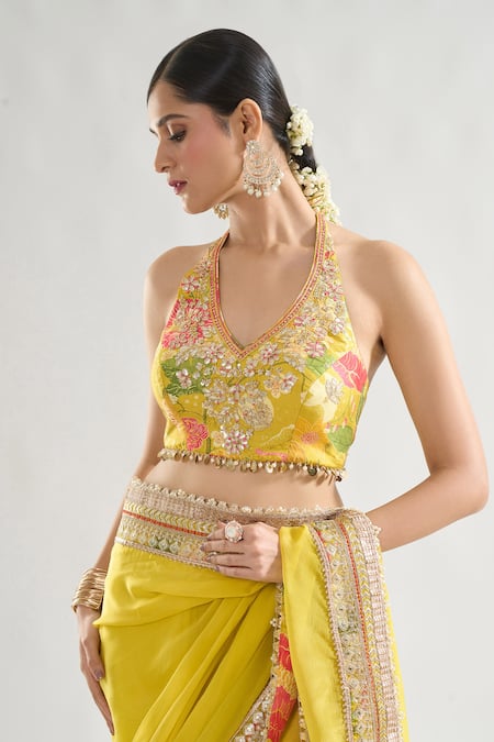 Buy_Gopi Vaid_Yellow Chiffon, Tussar Sequins, Gota Keya Embroidered Border Saree With Blouse 