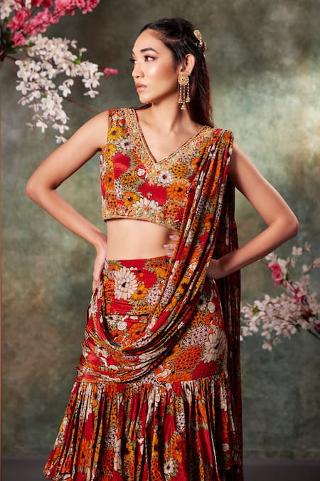 Buy_Mehak Murpana_Orange Crepe Embroidery V-neck Bloom Print Pre-draped Ruffle Saree With Blouse _Online_at_Aza_Fashions