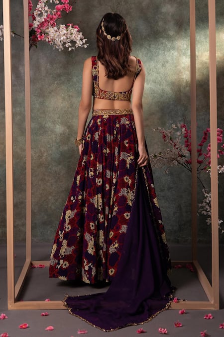 Shop_Mehak Murpana_Purple Organza, Crepe Zari, Sequins, Embroidery Open Botanical Print Lehenga Set _at_Aza_Fashions