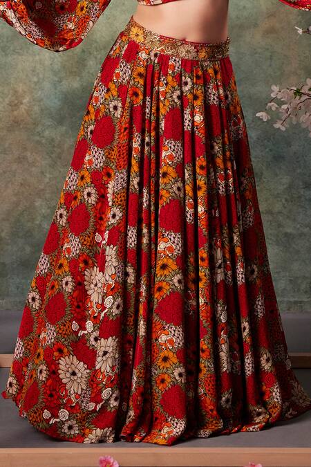 Buy_Mehak Murpana_Orange Crepe Embroidery High Neck Flora Print Crop Top With Lehenga _Online_at_Aza_Fashions