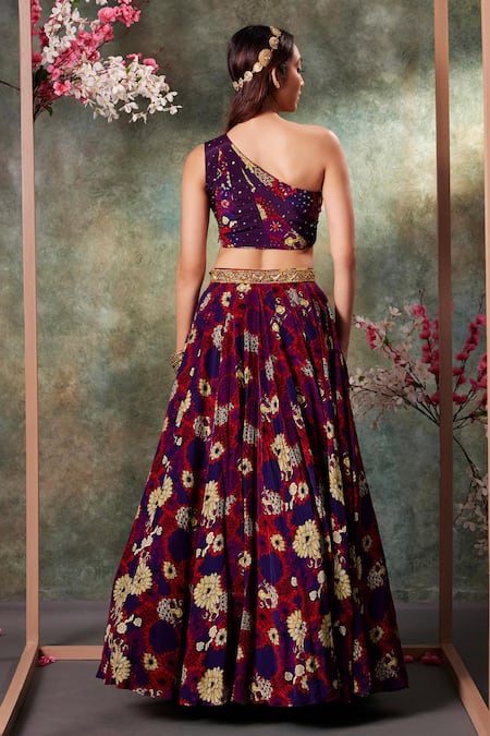 Shop_Mehak Murpana_Purple Crepe Embroidery, Beads, Sequins Floral Print Top And Lehenga Set _at_Aza_Fashions