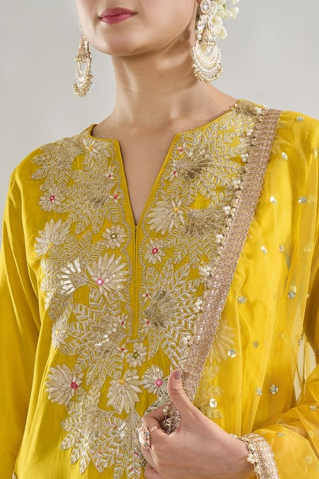 Buy_Gopi Vaid_Yellow Tussar, Satin, Net Sequins, Anjali Leaf Embroidered Kurta Sharara Set 